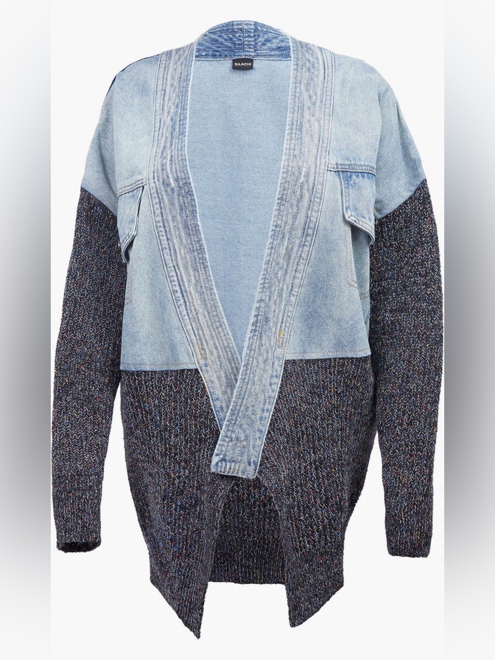 SAACHI Denim-Trim Mixed Knit Cardigan - Picture 1 of 8
